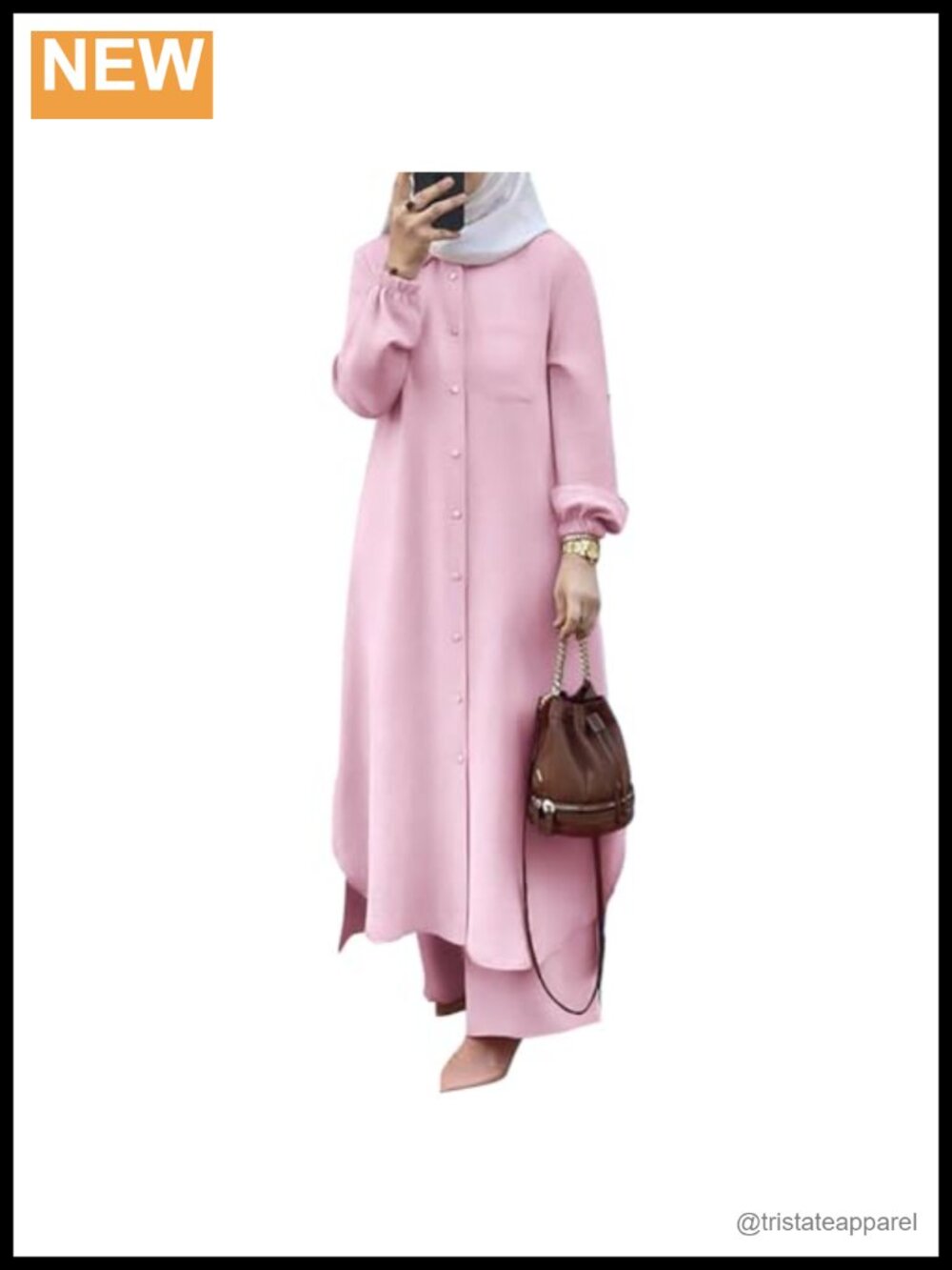 Muslim 2 Piece Outfit Women Long Sleeve Button Down Shirt Wide Leg Pants